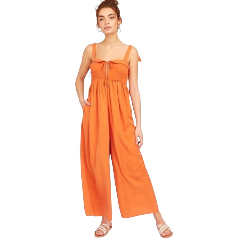 Free People Jump In Jumpsuit  Orange Smocked Wide-Leg XS